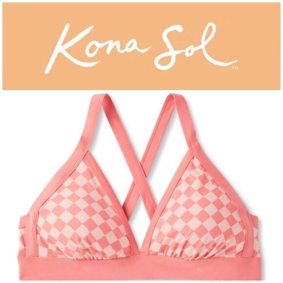 KONA SOL - NWT - L Sz 1X (16W - 18W) Halter Triangle Bikini Top in Pink & Peach - Picture 1 of 16